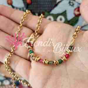 Base Collana #14 Acciaio Oro Rolo Intrecciato e Pietra Multicolor