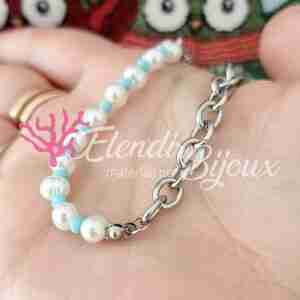 Base Bracciale #54 Demichain Acciaio Perle e Perline Azzurro