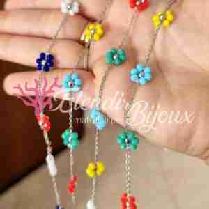 Catena #38 Acciaio Argento con Fiori in Cristallo Multicolor