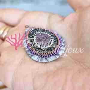 Ciondolo #417 Goccia Grigia Drusa Fucsia Ecopelle 28x41 mm