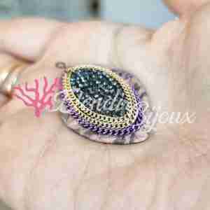 Ciondolo #418 Ovale Grigio Strass Bordo Catena Ecopelle 25x43 mm